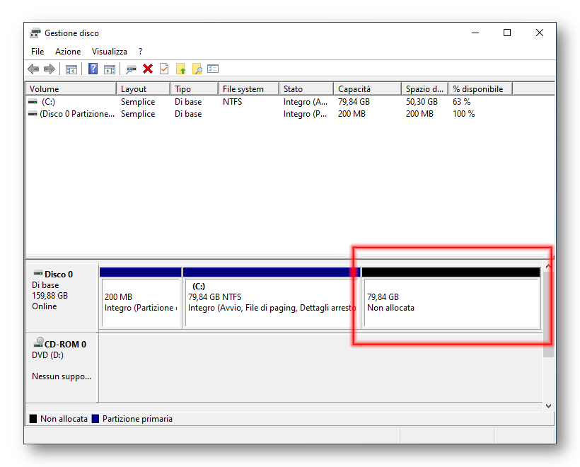 spazio non allocato per Windows dual boot